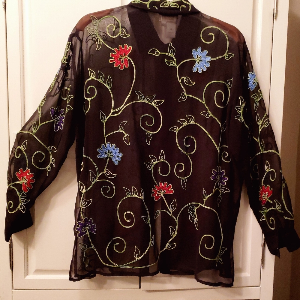 Coldwater Creek Sheer Embroidered blouse with purple, blue and red flowers,  P/L
